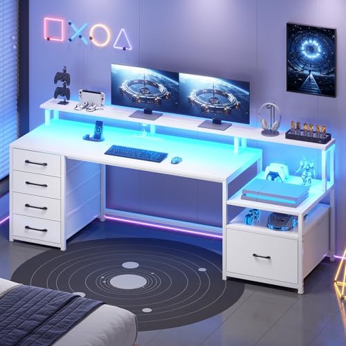 SEDETA Computer Desk with 5 Drawer, Power Outlet, Led Lights, White by SEDETA