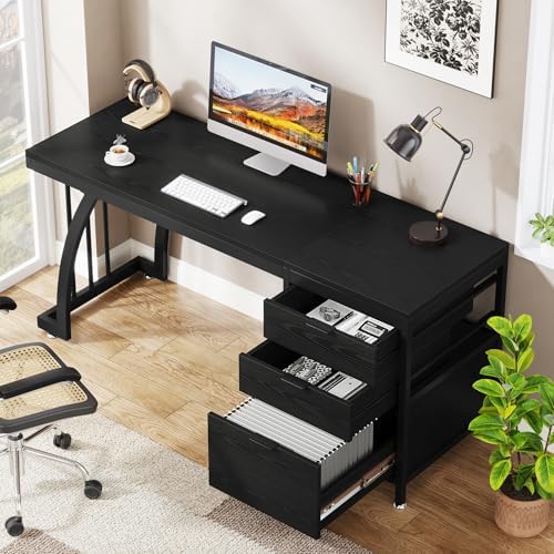 Tribesigns Computer Desk with 3 Drawers, 59-Inch PC Desk with Reversible Drawers, Industrial Study Writing Table Workstation with File Storage for Home Office (Black) - Image 4