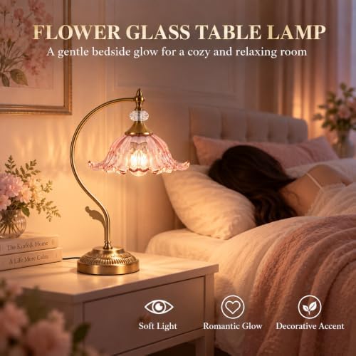 Vintage Floral Table Lamp, Plug in Mid-Century Modern Desk Lamp with Transparent Glass Shade, Gold Bedside Table Lamp Dimmable for Bedroom Living Room Home Office - Image 6