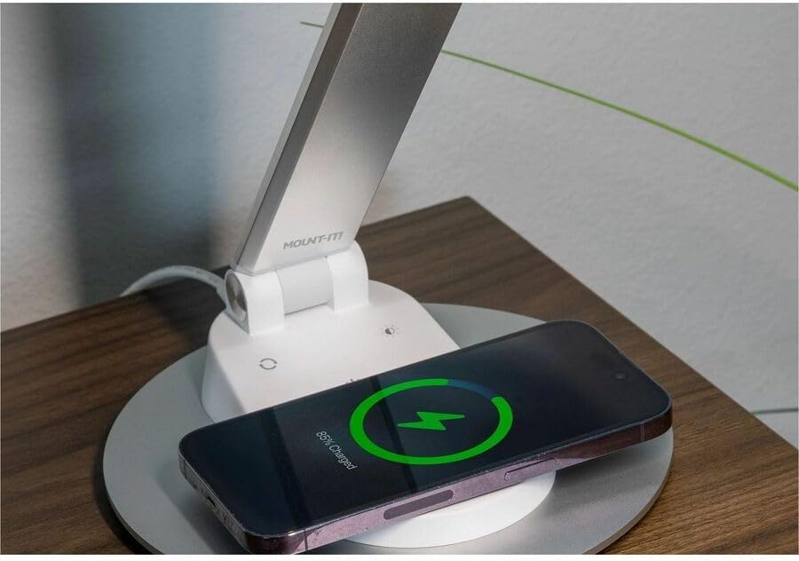 Mount-It! LED Desk Lamp with Wireless Charger and USB-C Charging Port, Dimmable Desk Lamp with 25 Brightness and Color Modes, for Home or Office, Adjustable Arm, Silver/White - Image 2