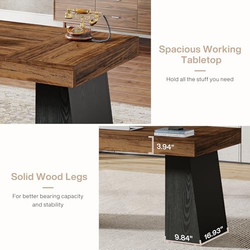 Tribesigns 55 Inches Executive Desk, Mid-Century Modern Home Office Desk, Wood Computer Table Business Workstation Small Conference Table, Black & Brown - Image 6