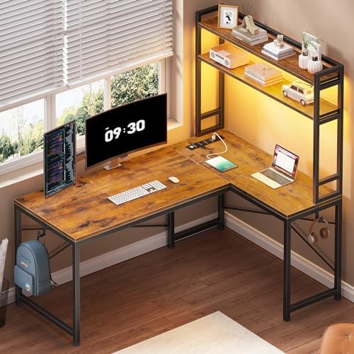 SEDETA L Shaped Desk with Hutch, 45.3” Reversible Home Office Desk, L Shaped Gaming Desk with LED Lights, Power Outlet, Storage Shelves and Hooks for Small Space, Rustic Brown by SEDETA