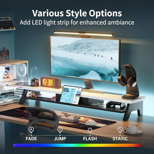 AFOOYO Dual Monitor Stand Riser,LED 2-Tier 39.3 Inch Computer Monitor Stand for 2 Monitors,Office Desktop Organizer with Storage Drawer and Phone Holder for Laptop,PC,Computer,Printer,White - Image 3