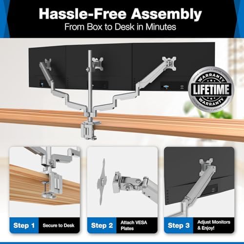 Mount-It! Triple Monitor Mount with Gas Spring Arms, Fits 24–32 Inch Screens, USB & Audio Ports, Full Motion Desk Stand with Tilt, Swivel & Rotation, Heavy Duty Silver 3 Screen Arm with Clamp - Image 2