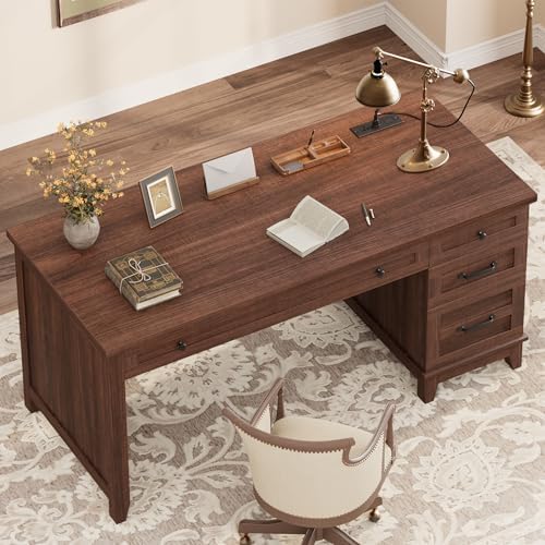 Garvee 53.5" Wooden Home Office Desk with File Drawers, Executive Desk with Power Outlet, Farmhouse Wood Desk with Storage, Distressed Study and Work Table, Rustic Brown - Image 3