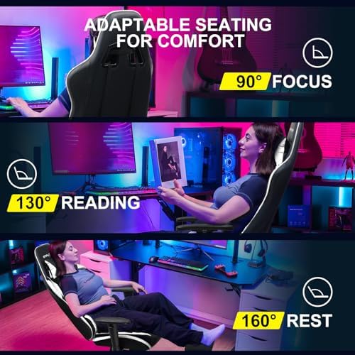 GTPLAYER Gaming Chair with Footrest, Ergonomic Computer Game Desk Chair, Reclining Gamer Chair Seat Height Adjustment, Swivel Rocker with Headrest and Lumbar (White) - Image 5