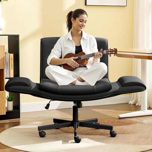 HeroSet Criss Cross Chair with Wheels & Armrests,Comfy Wide Vanity Chair,Scratch-Resistant Pu Leather Cross Legged Desk Chair,Height Adjustable Computer Office Desk Chairs for Home,Makeup,Bedroom - Image 6