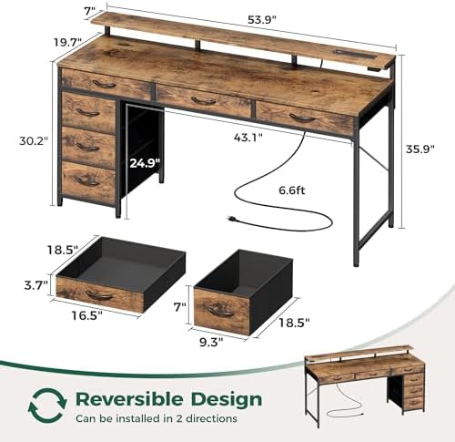 Huuger Gaming Desk with 6 Drawers, Computer Desk with LED Lights Power Outlets and Type-C, 55 Inch Office Desk with Storage, Monitor Stand, Writing Desk for Home Office, Rustic Brown, 1CD102F - Image 3
