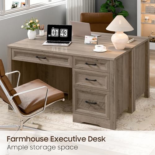 Vabches Farmhouse Executive Desk with Storage and Ample File Drawer, Rustic Large Home Writing Desk for Bedroom, Grey - Image 5