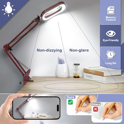 Drdefi 12X Square Magnifying Glass with Light and Stand, Real Glass LED Lighted Magnifier, 5 Color Modes Stepless Dimmable, Hands-Free Mag Desk Lamp with Clamp for Reading Craft Hobby Close Work Red - Image 5
