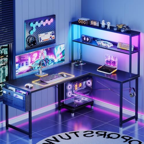 ODK 53" L Shaped Gaming Desk with Shelves, LED & Outlets, Black - Image 2