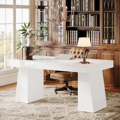 Tribesigns 55" Executive Desk, Wooden Office Desk with Double Pedestal, Modern Simple Computer Writing Table for Home Office, White - Image 3