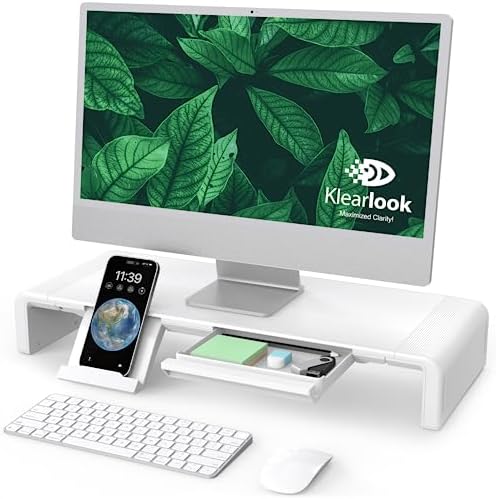 Monitor Stand Riser, Klearlook Foldable Computer Monitor Riser, Height Adjustable Computer Stand, Desk Shelf Riser with Storage Drawer & Tablet Phone Stand for Computer, Desktop, Laptop (White 2 Pack) by KlearlookMaximizedClarity