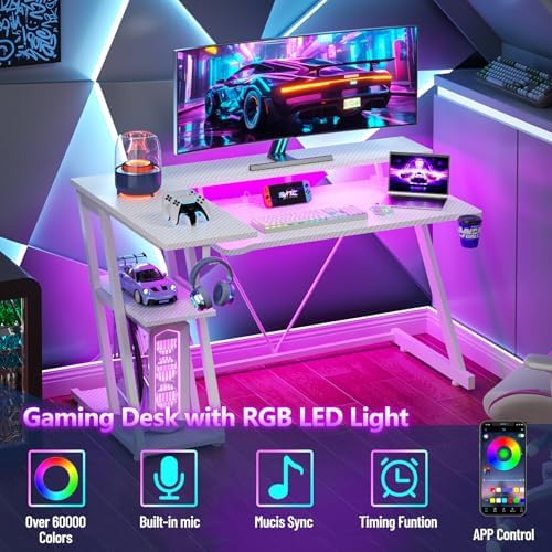 Korfile 40 Inch Gaming Desk with Power Outlet & LED Lights, L Shaped Computer Gaming Table with 3 Tiers Storage Shelves, Corner Gamer Desk with Monitor Stand for Small Space, Carbon Fiber White - Image 4