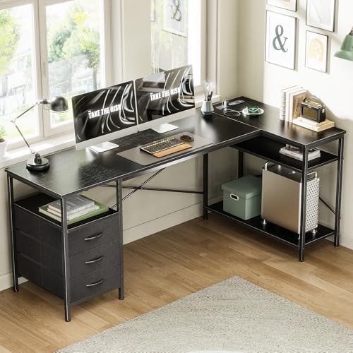 Huuger L Shaped Office Desk with Power Outlets & 3 Drawers - Image 2