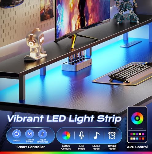 PRAISUN 55 inch Gaming Desk, LED & Power Outlets, Monitor Stand, Black - Image 6