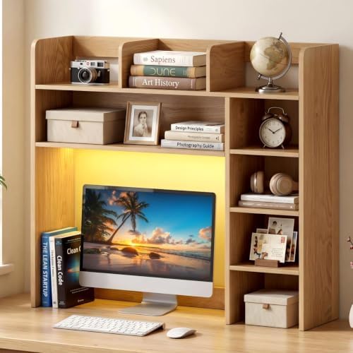 Desktop Bookshelf, Wood Countertop Bookcase with Shelves, Desk Hutch for College Dorm, Multipurpose Desk Organizer Shelf Display Rack for Home Office, Hutch Top Only (Natural, 8 Shelf) by SILKYDRY