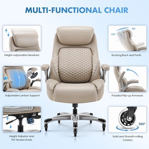 COLAMY Office Ergonomic Desk High Back Executive Chair with Pop-Out Lumbar Support, Upgraded Casters, Adjustable Headrest, Flip-Up Arms, Leather Home with Thick Cushion for Comfort - Khaki - Image 4
