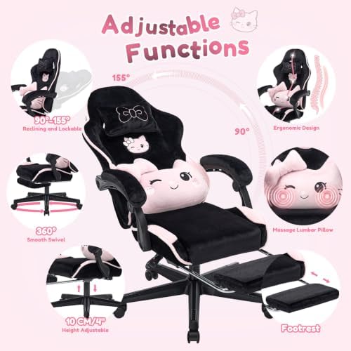 Black Pink Cat Gaming Chair,Ultra Soft Cute Microplush Fleece Desk Chair - Image 6