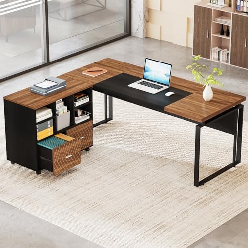 Tribesigns L-Shaped Executive Desk with Reversible File Cabinet, 63" Office Desk with Storage Drawers, L-Shaped Computer Desk with Drawer Cabinet for Hanging Letter Size Files (Walnut & Black) - Image 3