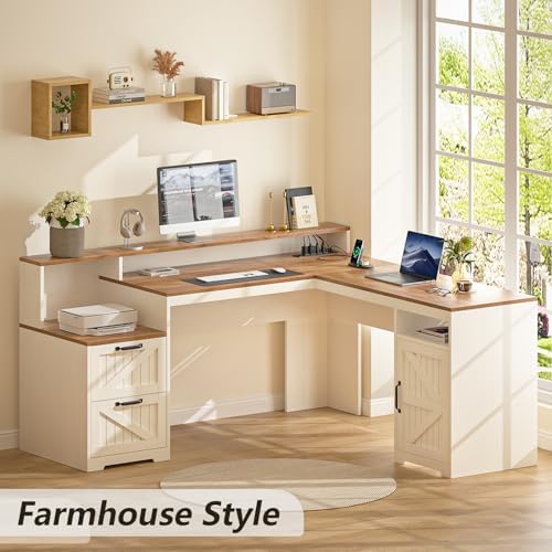 63" Farmhouse L Shaped Desk with Drawers & Printer Shelf for Home Office - Image 3