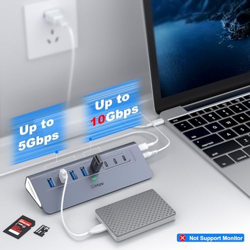 Powered USB Hub 10Gbps, intpw YH6AC Plus 10-Port USB 3.2 Hub(USB A+USB C 3.2+3 USB-A 3.0+2 PD 45W Fast Charging Ports+SD/TF Card Reader), 65W Power Adapter,Aluminum USB HUB for PC,Laptop,iPhone 17/16 - Image 4