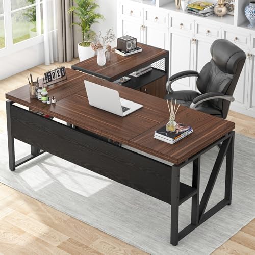 Tribesigns 63" Executive Deskwith Drawer Cabinet, L Shaped Desk and lateral File Cabinet, 2 Piece Home Office Furniture Set with Drawers for Hanging, Doors with Locks by Tribesigns