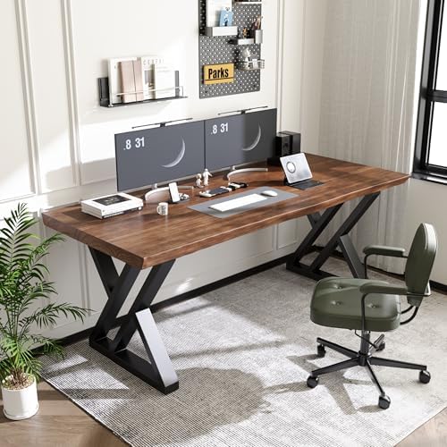 Solid Wood Desk 63 Inches, Live Edge Wooden Home Office Computer Desk Metal Frame Modern Simple Design Executive Real Wood Desk for Writing Study Dining Gaming by SXXjiaju