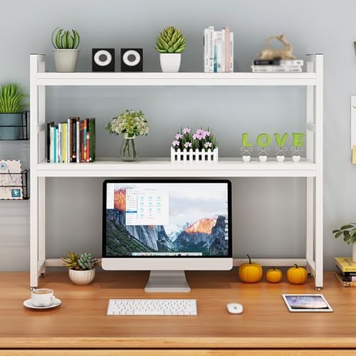 Desk Hutch Shelf Dorm Adjustable 3 Tier Countertop Desktop Bookshelf, Metal Hutch Bookcase Organizer for Office Computer Desk(White Frame,75cm/29.5in) by Unknown