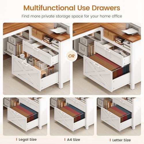 SEDETA Farmhouse L Shaped Desk, 55" Home Office Desk with Drawers and Storage Shelves, L Shaped Gaming Desk with LED Lights, Power Outlet and Monitor Shelf, Brown - Image 4
