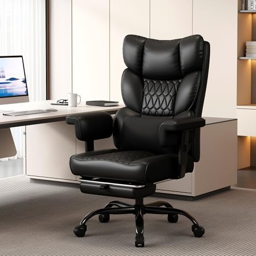 Misolant Big and Tall Office Chair with Footrest, High Back Executive Desk Chair with Adjustable Lift Armrest, 155°Recline，Lumbar Support Pillow, Faux Leather Gaming Chairs for Home or Office Black - Image 2