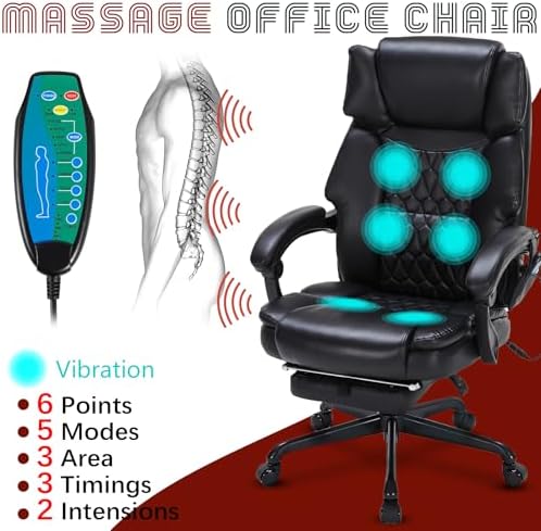 Massage Office Chair with Foot Rest 6 Points Vibration and Heat Home Office Desk Chairs for Heavy People 400lbs Reclining Managerial Chairs Ergonomic Executive Chair (Black) - Image 3