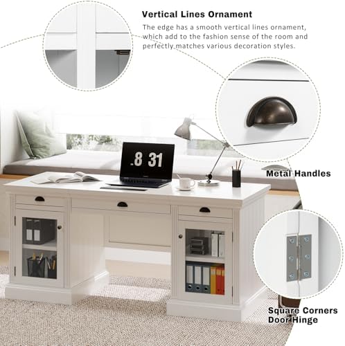 67" Large Executive Office Desk, Modern White Wood Office Computer Desk, Rectangle Home Office Desk with 2 Wooden Doors Storage Cabinet and 3 Drawers, Writing Table,Workstation (White+Glass, 67") - Image 6