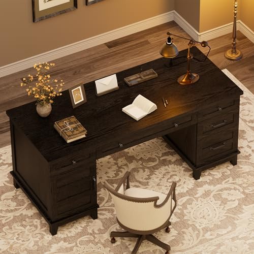 60" Traditional Home Office Desk with Power Outlets, Wooden Executive Desk with File Cabinet and Drawers, Farmhouse Wood Work Desk for Work, Study, Writing, Black - Image 5