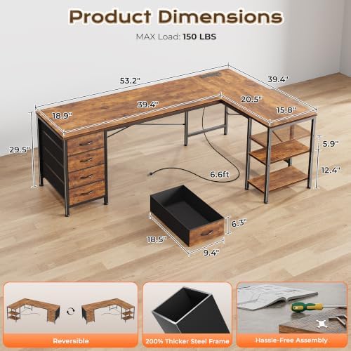 Huuger 55 Inch L Shaped Desk with Fabric Drawers, Reversible Computer Gaming Desk with Power Outlets and USB-C Port, Adjustable Side Storage Shelves, for Work Corner Home Office, Rustic Brown - Image 3