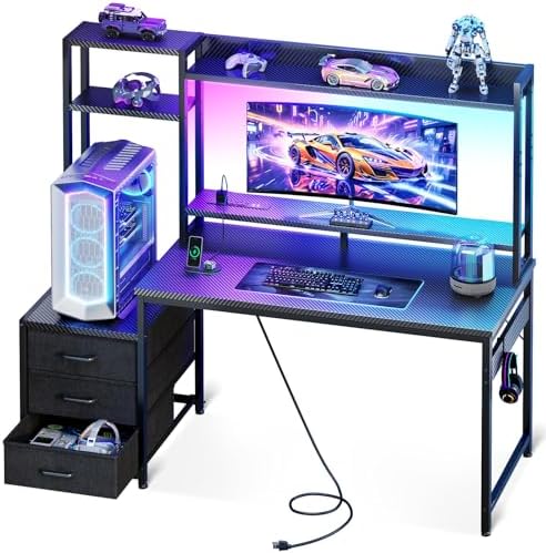 Casaottima 48 Inch Gaming Desk with Shelves & 3 Drawers & LED Light & Hutch by Casaottima