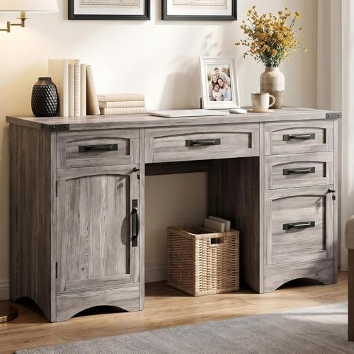 Decofy Farmhouse Executive Desk with Drawers, 55" Home Office Desks with Fast Charging Station, Lockable File Cabinet, Wood Writing Computer Desk for Work, Study, Grey by Decofy