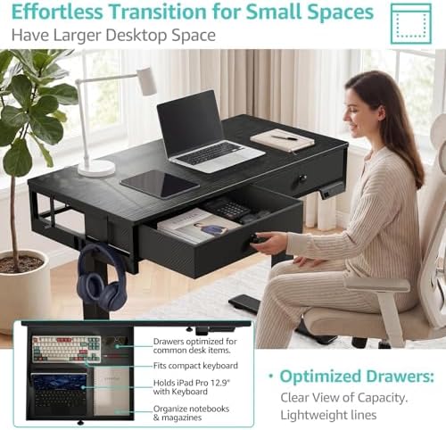 KLUVIS Black Adjustable Desk with Storage, 39 Inch Small Black Desk with Drawers, Small Space Stand Up Computer Desks for Home Office Bedroom, Sit Stand Work Desks for Walking Pad - Image 6