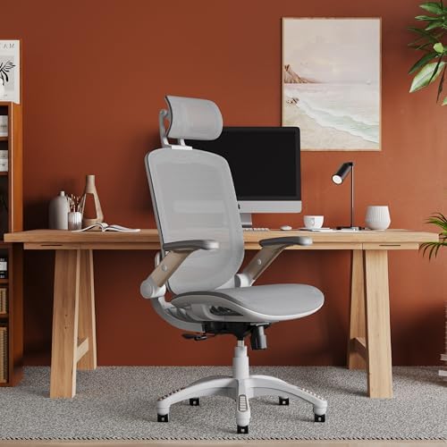 GABRYLLY Ergonomic Office Chair, High Back Home Desk Chair with 2D Flip-Up Arms, 3D Headrest, 90-120° Tilt and Wide Cushion, Big and Tall Mesh Chairs for Man Woman, White Computer Task Chair - Image 2