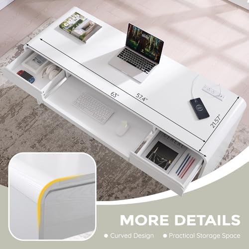63" Modern Computer Desk with 2 Drawers, Wood Curved (White) - Image 4