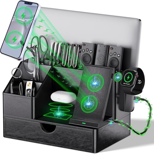 Black PU Leather Multi-Device Charging Station with Drawer - 6-in-1 Desktop Organizer for Phone, iPad, Tablet, Laptop, Watch, Headphones - Electronics Docking Hub & Storage Box for Office Home (Black) by LADSTAG