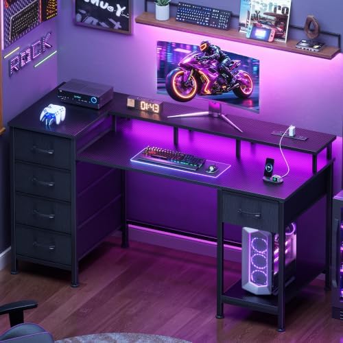 Korfile 47 Inch Computer Gaming Desk with Power Outlets & LED Lights Reversible Home Office Desk with Adjustable 5 Fabric Storage Drawers for Working Writing Study, Carbon Fiber Black - Image 3