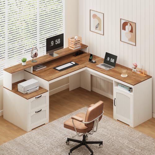 Farmhouse L Shaped Desk with Drawers & Printer Shelf for Home Office by YomiluveDesign