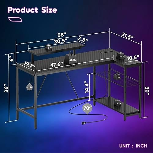 Bestier 58-Inch L-Shaped Gaming Desk with Charging & LED, Black - Image 2