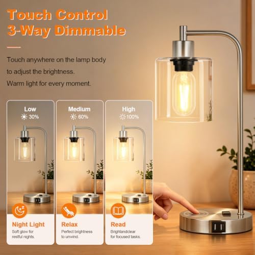 Industrial Touch Control Table Lamps Set of 2 - Brushed Nickel Nightstand Bedside Lamps with 2 USB Ports & AC Outlet, 3-Way Dimmable Desk Lamp for Bedroom Living Room, Glass Shade & LED Bulbs Included - Image 3
