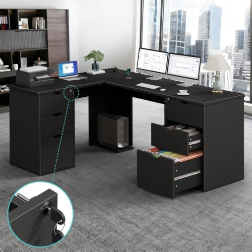 WINAZ 66" L Shaped Desk with 6 Lockable Drawers, Black Corner Computer Desk by Unknown