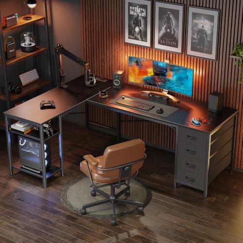 Huuger 55 Inch L Shaped Desk with Fabric Drawers, Reversible Computer Gaming Desk with Power Outlets and USB-C Port, Adjustable Side Storage Shelves, for Work Study Corner Home Office, Black - Image 4