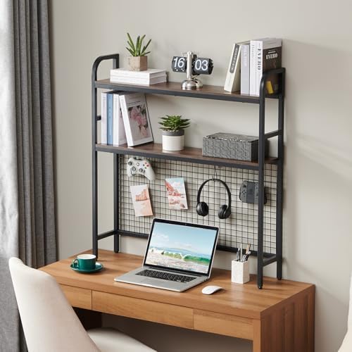 Desk Shelf, 36.8” Desktop Organizer Shelf with Grid Panel and Hooks, Desk Hutch for Computer Monitor, 2 Tier Desk Display Rack Wood Desktop Bookshelf Storage for Home Office Dorm (Rustic Brown, 36.8") - Image 2