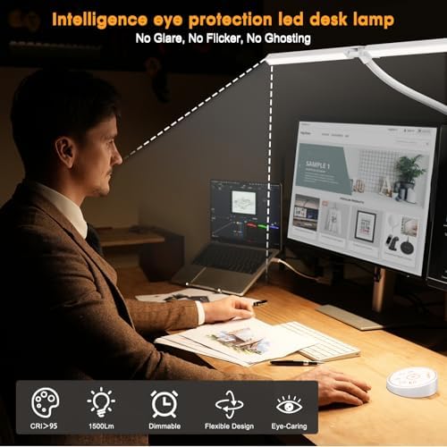 Pzloz Led Desk Lamp for Office Home - Eye Caring Architect lamp with Clamp,Dual Screen Computer Monitor Work Smart Light: 24W 5 Color Flexible Adjustable Lighting Table Lamp for Study White - Image 4