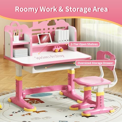 Kids Desk and Chair Set for Ages 3-12 - Height Adjustable Study Desk with Widened Desktop, Storage Drawer & Bookstand, Ergonomic Design, Supports up to 300 lbs - Image 5